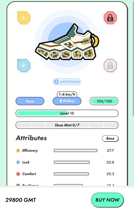 A digital marketplace listing from #STEPN shows a rare Walker sneaker NFT priced at 29,800 GMT, with attributes including Efficiency 27.7, Luck 22.8, and Comfort 22.3 at Level 15. The item is tagged for sale in P Country, matching the announcement of a rare Walker being listed in that region.