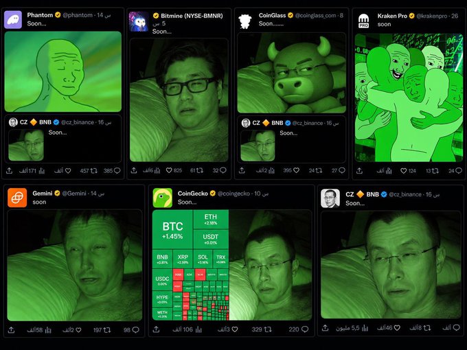 A grid of Twitter/X posts from crypto accounts (Phantom, Bitmine, CoinGlass, Kraken Pro, CZ Binance, Gemini, CoinGecko) all overlaid with a green-tinted meme image of a man lying in bed, suggesting everyone is "asleep" except the poster who anticipated an XRP move. The post mocks crypto influencers for missing an early call on #XRP, using the "everyone's sleeping" meme format.