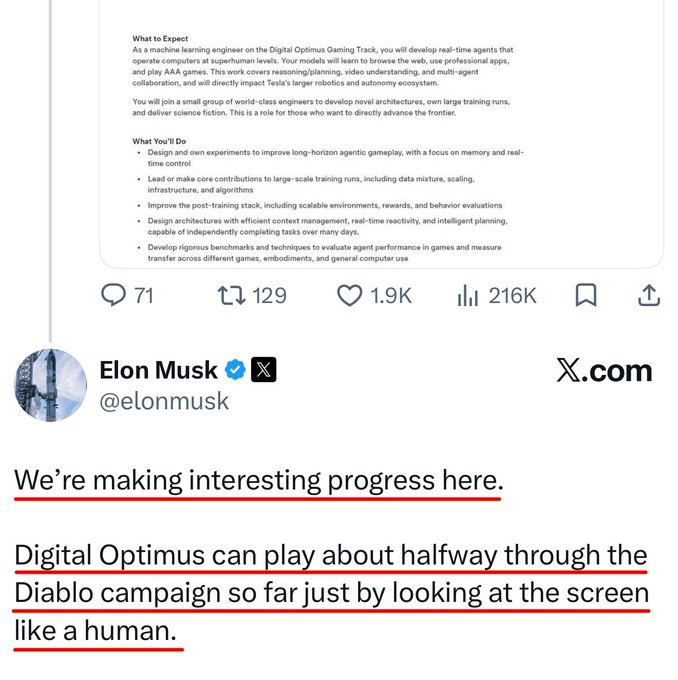 A screenshot of an X post by Elon Musk (@elonmusk) reporting that Tesla's Digital Optimus has reached about halfway through the Diablo campaign by screen observation alone, with the underlying job listing describing the Digital Optimus Gaming Track machine learning engineer role shown above.
