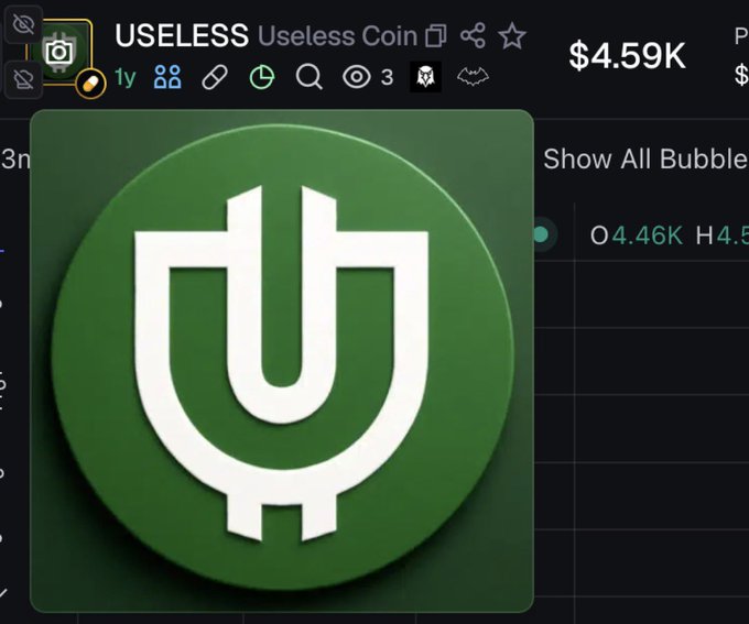 A screenshot displays the "USELESS Useless Coin" meme token trading at $4.59K, with its signature green trident-like logo featured prominently on a financial chart showing an open of O4.46K. The image visually anchors the post's nostalgic reference to the "Pumpfun Useless Guy," highlighting how the token has scaled from its humble origins into a significant market presence.
