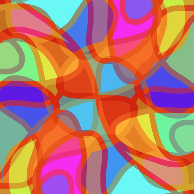 An abstract digital artwork featuring swirling, translucent organic shapes in bright colors including orange, red, blue, green, and pink.