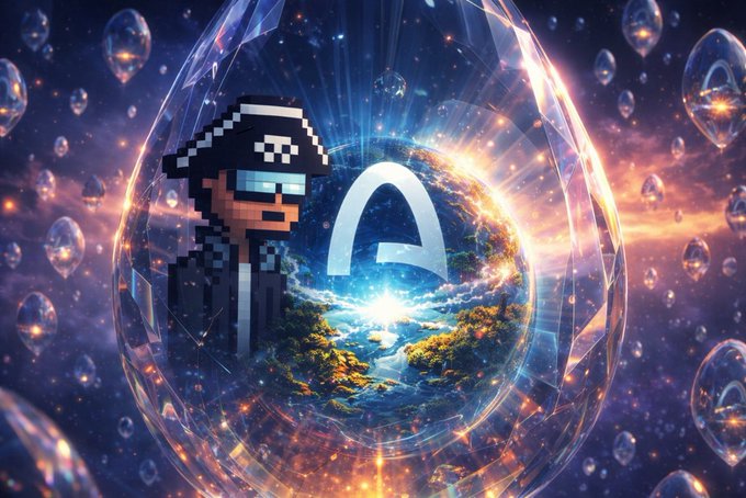 A pixel-art style character with sunglasses stands inside a glowing cosmic orb surrounded by floating bubbles, with a stylized 'A' or 'Λ' logo visible in the center.