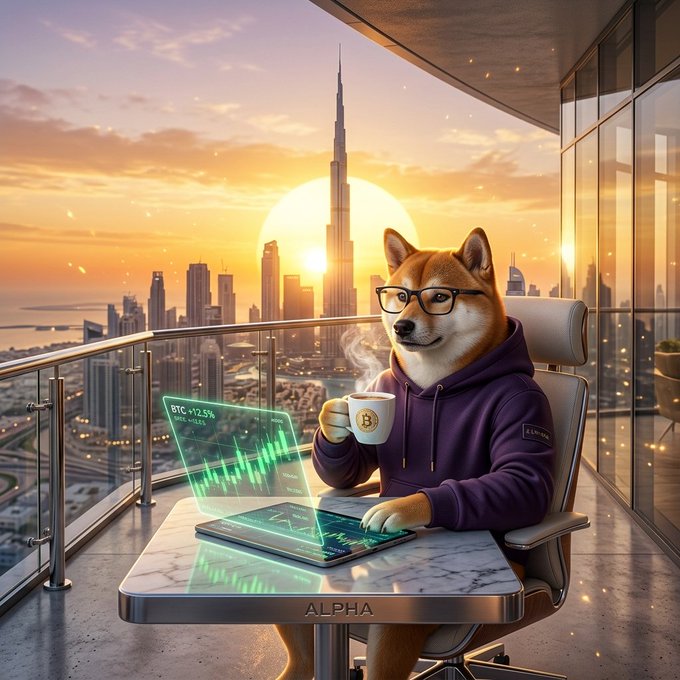 The image features a brown dog sitting at a table with a laptop open in front of him. The dog appears to be wearing glasses, giving him an intellectual appearance. A cup of coffee sits next to the laptop, suggesting that the dog might be working or studying while enjoying his beverage. The background shows a city skyline and a sunset, creating a serene atmosphere for the scene. The caption at the bottom of the image reads "Good Morning X Family #Web3 #RIVER #CryptoHunter #GM #LFG", indicating that this is likely an advertisement promoting a new cryptocurrency or related product.