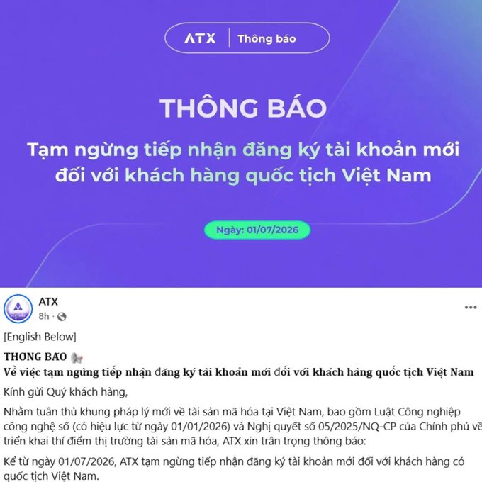 An announcement from ATX dated 01/07/2026 stating they are temporarily suspending new account registrations for Vietnamese customers due to new cryptocurrency laws in Vietnam.