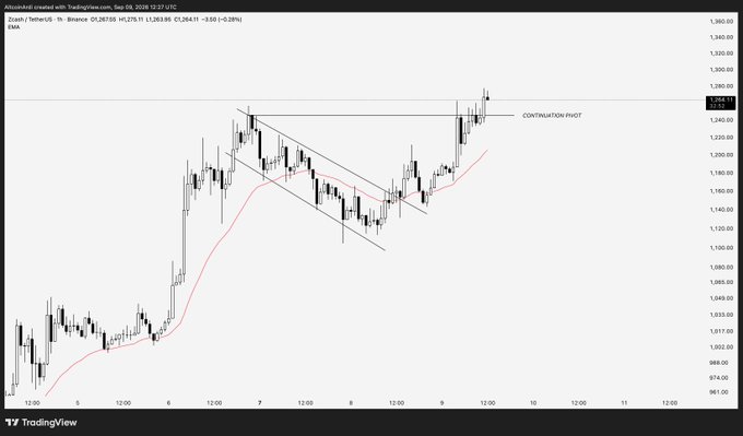 A TradingView chart of ZEC/USD on Binance shows a breakout from a descending triangle pattern on the 1-hour timeframe, with price currently at 1,263.95 (+3.28%) and labeled "CONTINUATION PIVOT," aligning with the post's bullish "continuation leg loading" call.