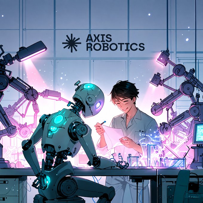 An anime-style illustration of a smiling scientist in a lab coat working with a teal and cyan robot, with industrial robotic arms in the background and the logo "AXIS ROBOTICS" displayed on the wall.