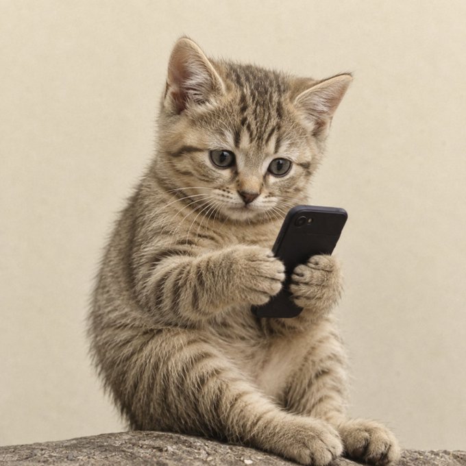 An adorable tabby kitten sits upright holding a black smartphone with both paws, looking down at the screen.