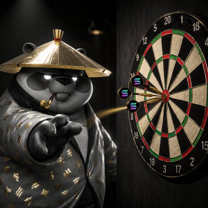 A determined panda wearing a gold conical hat aims three iridescent darts that hit the bullseye of a dartboard numbered 20, 1, 18, 5, 12, 9, 14, 11, 8, 16, 7, 19, 3, 17, 2, 15, perfectly illustrating the message's theme of taking aim at your dreams with focus and intention.