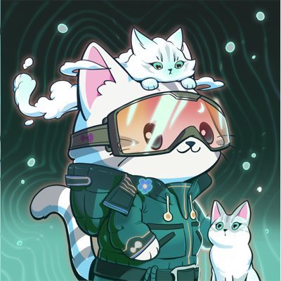 A cartoon illustration of a cute white cat character wearing large reflective ski goggles and a green winter jacket, with a smaller white kitten on its head and another kitten beside it, set against a dark green background with floating bubbles.