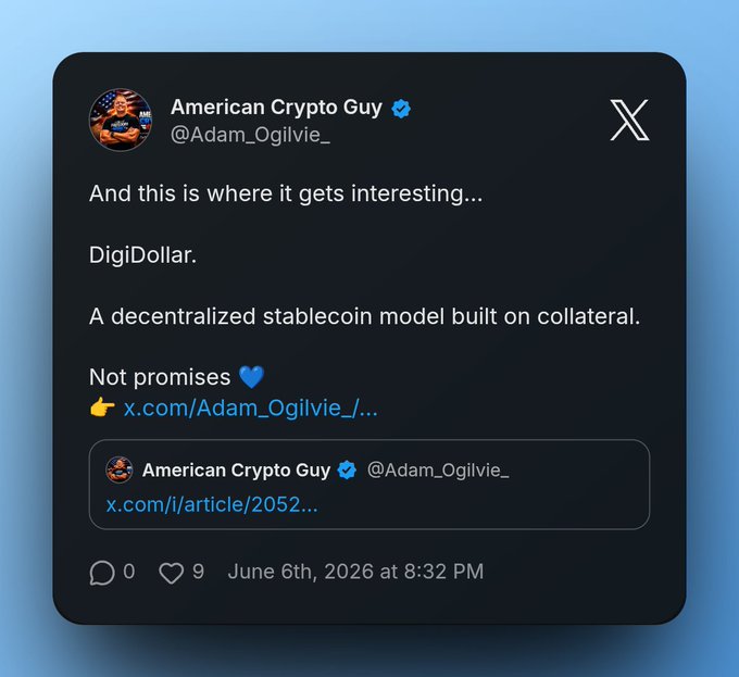 The image features a Twitter account for American Crypto Guy, which has posted an article about Decentralized stablecoins or cryptocurrencies such as DigiByte. The post highlights how anyone with a wallet can mint their own by locking DGB using DigiByte's decentralized stablecoin model, which offers more control over the cryptocurrency compared to traditional centralized models.