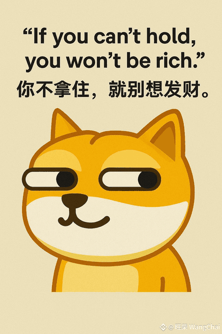 A cartoon orange Shiba Inu dog with a smug expression is featured on a yellow background, accompanied by the text "If you can't hold, you won't be rich." and its Chinese translation "你不拿住，就别想发财。" The image visually reinforces the post's message about the importance of holding onto investments, using the meme dog's characteristic skeptical look to emphasize the warning about lacking patience in wealth-building.