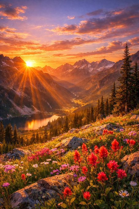 A vibrant landscape photograph showing a golden sunset over snow-capped mountains, a reflective lake, evergreen trees, and a foreground filled with red and white wildflowers and large rocks.