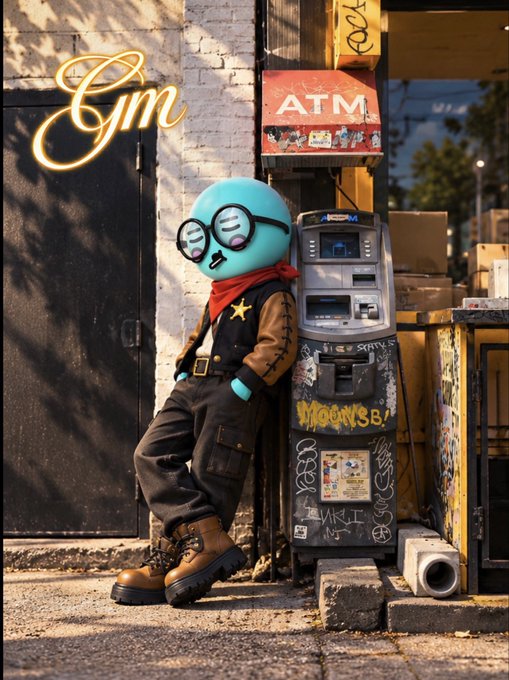 A blue cartoon-like character wearing goggles and a red bandana leaning against a graffiti-covered ATM machine with a 'Gym' neon sign nearby.