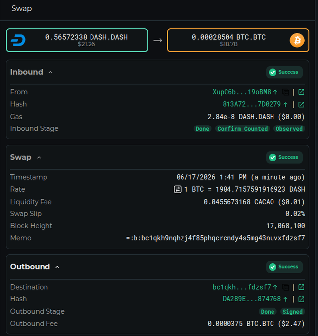 The image displays a screenshot of the bitcoin trading dashboard, which features two different types of transactions - a Dash inbound transaction and an XRP outbound transaction with Bitcoin being the desired currency. The dashboard also provides success messages for both transactions.