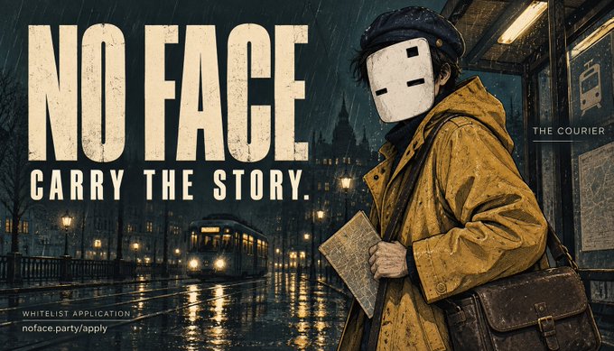 A dark, atmospheric promotional poster featuring a figure wearing a white mask and yellow raincoat holding a paper, with the text 'NO FACE. CARRY THE STORY.' and 'THE COURIER' along with a whitelist link 'noface.party/apply'.