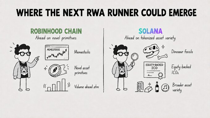 An illustration titled 'WHERE THE NEXT RWA RUNNER COULD EMERGE' compares 'ROBINHOOD CHAIN' (Ahead on novel primitives, with Memestocks, Novel asset primitives, Volume ahead atm) and 'SOLANA' (Ahead on tokenized asset variety, with Dinosaur fossils, Equity-backed ICOs, Broader asset variety).