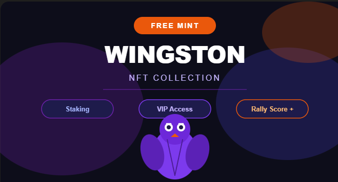 Promotional graphic for a "WINGSTON NFT COLLECTION" free mint, featuring a purple bird mascot and highlighting features like Staking, VIP Access, and Rally Score+—aligning with the post's emphasis on utility tied to the Rally protocol rather than just a basic NFT drop.