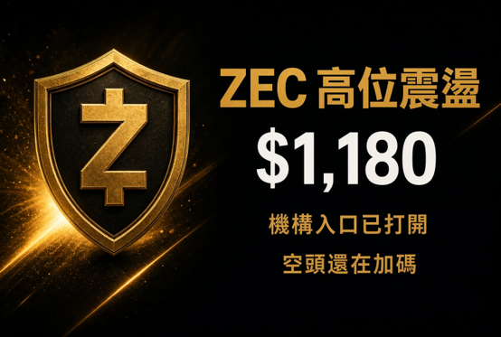A promotional graphic for ZEC cryptocurrency featuring a golden shield logo, displaying a price of $1,180 with Chinese text indicating a high position shakeout and that institutions have entered.