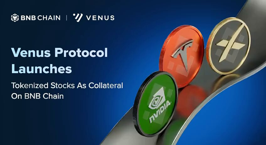 The image features a blue background with three coins placed horizontally, each representing a different cryptocurrency. One coin shows " venus protocol" written on it, another coin displays an orange design of a gun, and the third coin has "tokened stocks as collaterial" in its text. These coins appear to be related to Bitcoin, possibly showing a visual representation or advertisement for a new trading method. The image also includes text that explains how these coins can be used as collateral on a cryptocurrency exchange or as part of a new protocol involving cryptocurrency and tokenized stock pools.