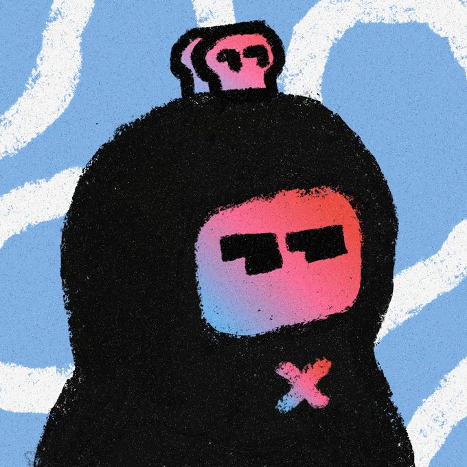 An artistic illustration featuring a black silhouette figure wearing pink sunglasses with a small pink skull perched on top, set against a textured blue background with white wave-like patterns.