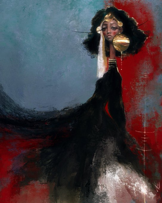 A digital painting of an elegant figure in a flowing black dress with gold headpiece and mask, set against a dramatic red and gray background.