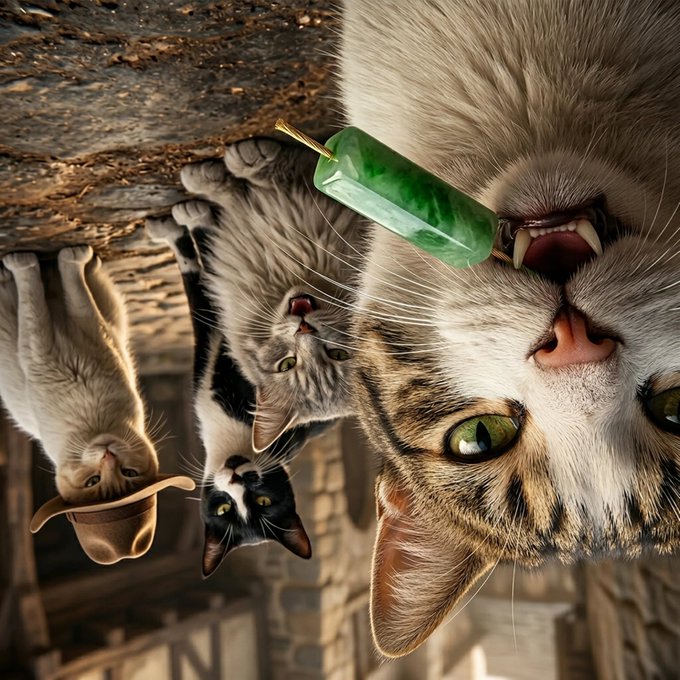 The image features a cat with green eyes, standing up against a stone wall or rock surface. A green ice cream cone is being held by one of the cats, which appears to be licking it. The cat's reflection can also be seen on the surface where it stands.