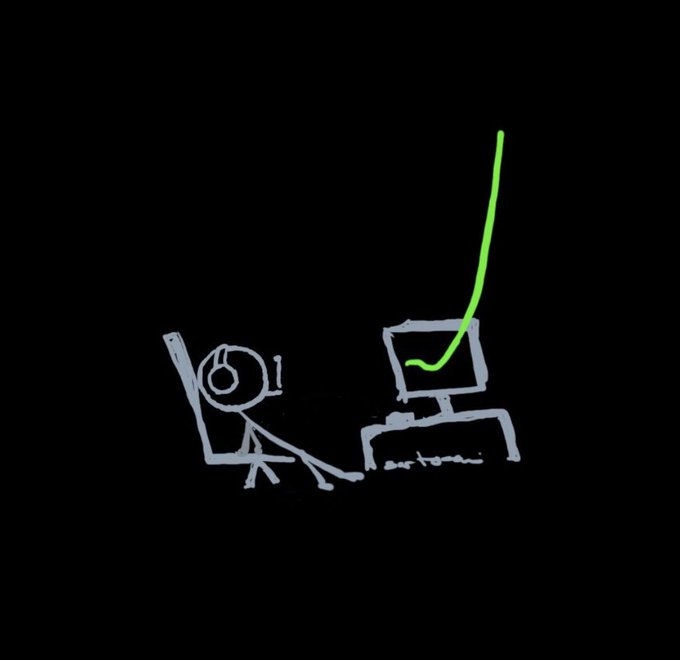 A simple digital sketch on a black background showing a stick figure in a chair watching a monitor, with a bright green line extending upward.