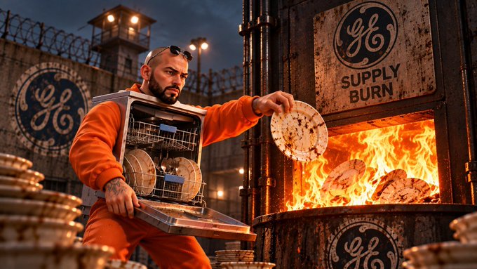 A man in an orange jumpsuit loads a GE-branded dishwasher with plates and feeds others into a roaring "Supply Burn" furnace, visually symbolizing the destruction of 25% of $TOP's token supply to reduce washing for holders.