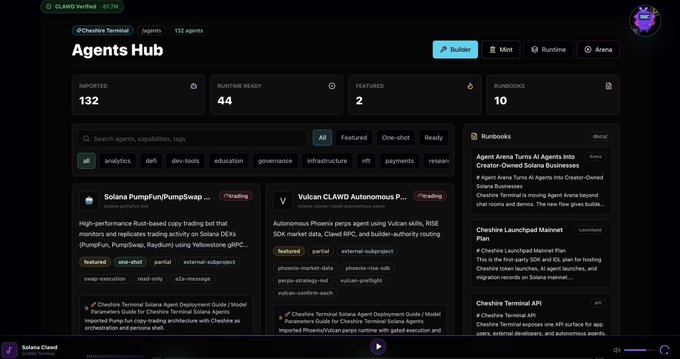 A screenshot of the Cheesecake Terminal 'Agents Hub' on Solana Cloud, showing 132 reported agents, 44 runtime ready, and listings for Solana PumpFun and Vulcan CLAWD Autonomous Phoenix agents.