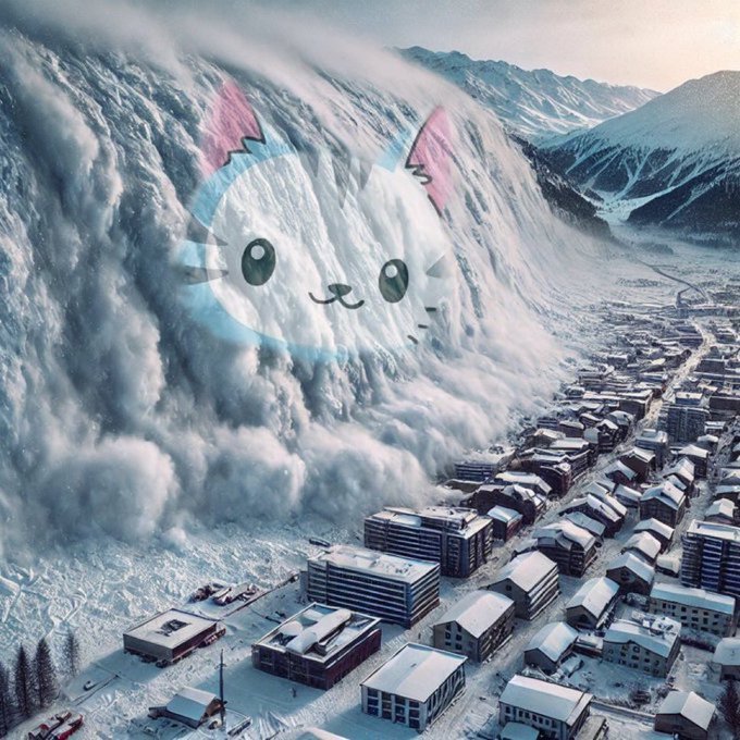 A surreal image showing a massive avalanche in a valley, with a cute cat-like character face (resembling Chiikawa) overlaid on the snow cloud.
