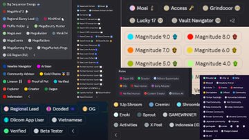A dark-themed developer tooling interface displaying various features like Sequence Ensign, MagicBlock, Assets, Gridscore, Regional Lead, Doodles, OG, and Sub Stream categories, with magnitude options and event tracking.