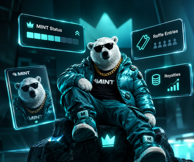 A stylized digital illustration of a polar bear wearing sunglasses, a gold chain, and a teal puffer jacket, surrounded by holographic UI panels displaying 'MINT Status', 'Raffle Entries', and 'Royalties'.