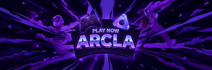 A vibrant purple promotional banner features the text "PLAY NOW ARCLA" prominently displayed, with a game controller and token icon set against a dynamic, shattered background. The "PLAY NOW ARCLA" text directly reflects the post's announcement of Arcla's on-chain arcade gaming economy tied to the $ARA token.