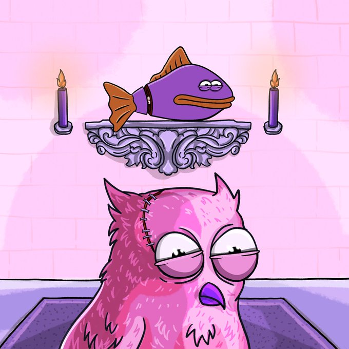 The image features a cartoon owl sitting on a shelf with a fish next to it, both of them facing each other. The background shows a pink wall with two candles on it, one at the top left corner and another at the bottom right corner. There is also text in the image that reads "How to earn more mon @monad".