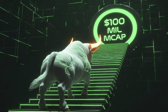 A glowing white bull with illuminated green markings ascends a neon green staircase toward a large "$100 MIL MCAP" sign, symbolizing bullish momentum and a target market capitalization. The image visually reinforces the post's message that $LEVI is on the rise toward reaching this ambitious milestone.