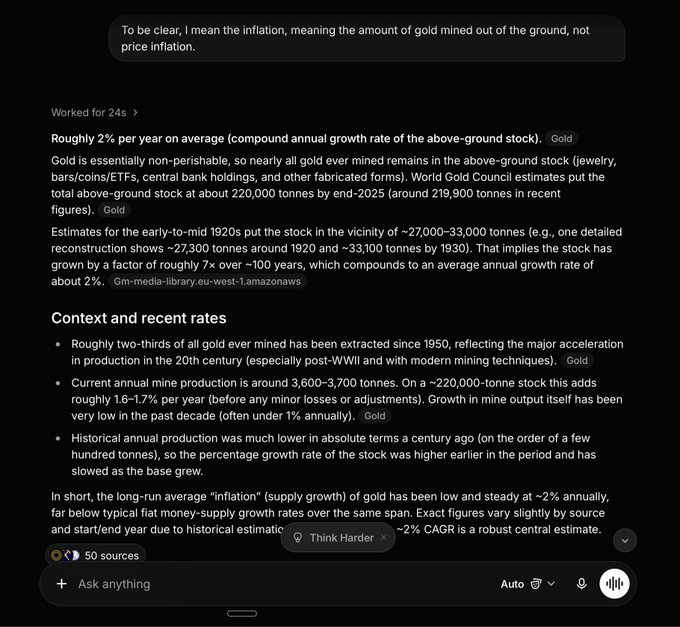 A chat interface response explaining gold's roughly 2% per year compound annual growth rate, citing sources about above-ground stock growth from ~27,000-33,000 tonnes in the 1920s to ~220,000 tonnes by end-2025.