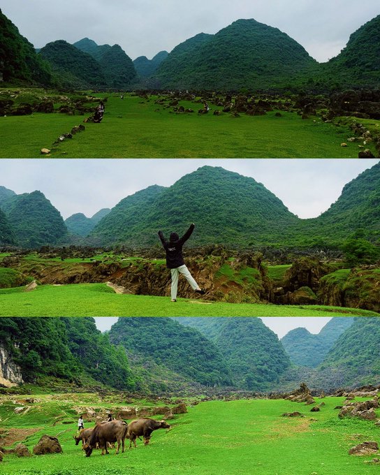 The image shows three different views of a person standing in a grassy field with mountains in the background. The first view captures the person's arms raised high above their head, while the second view depicts them jumping up into the air. The third view shows the person standing on one leg in the middle of the field. In the post accompanying this image, there is a reference to Bitcoin and the phrase "Let' s go wander around Today, wandered to The most beautiful lonely planet Last night, woke up in the middle of the night and couldn't fall back asleep for a long time In my dreams, it kept reminding me to clear out the shitcoins in my hand Just checked, BTC has".