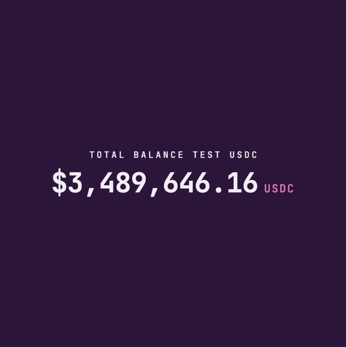 The image displays a "TOTAL BALANCE TEST USDC" screen showing $3,489,646.16 USDC, likely shared by a user to demonstrate their USDC holdings on the testnet.flipt.fun platform in response to the request to share their contract address for potential buying.