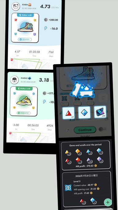 Screenshots from a sneaker-related app showing user profile 'KIARA2' with stats like C5S Rate 4.73, step counts, gem rewards, and an opening interface displaying a glowing sneaker.