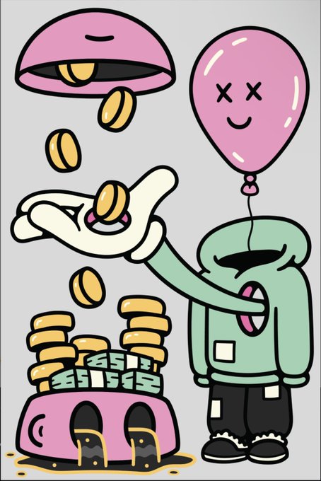Cartoon illustration of a character in a green hoodie feeding gold coins to a pink pet bowl while holding a pink balloon, with coins raining down from a dispenser above.