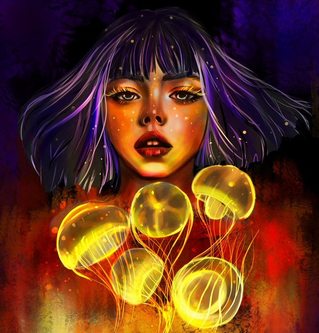 A vibrant digital painting portrays a young woman with purple-tinted hair and bold makeup against a dark cosmic background, with glowing yellow jellyfish-like orbs and starry speckles illuminating her face and chest area.