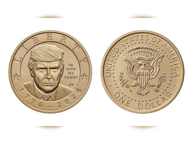 A commemorative gold coin featuring Donald Trump's portrait on one side with the inscription 'IN GOD WE TRUST' and '1776-2026', and the Great Seal of the United States on the reverse.