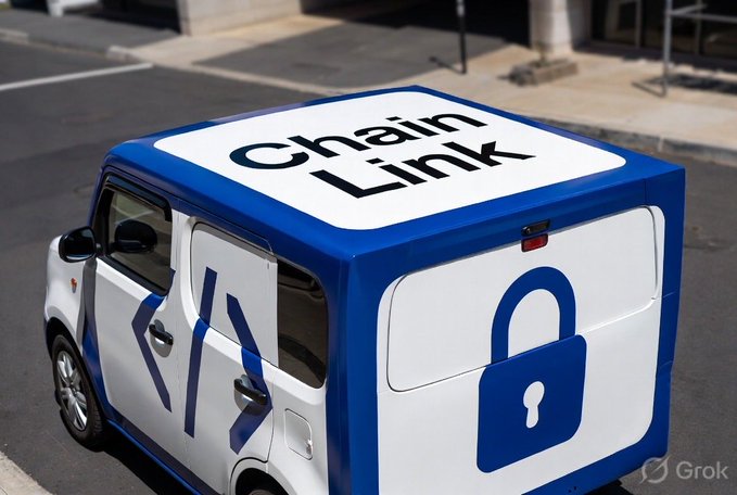 A small cube-shaped van wrapped in blue and white features "Chain Link" text on the roof and a blue padlock logo on the side, visualizing a post about wrapping a Nissan Cube to look like the $LINK (Chainlink) cryptocurrency vehicle once it reaches $1,000. The image playfully merges the vehicle's signature boxy design with branding reminiscent of Chainlink's logo.