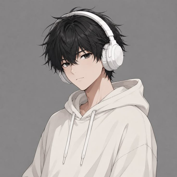 An anime-style illustration of a young man with messy black hair wearing a white hoodie and white over-ear headphones against a gray background.