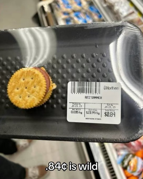 A small packaged RITZ SANDWICH from Northern Stores sitting on a store shelf, labeled at $0.84 retail, with a caption reading ".84¢ is wild."