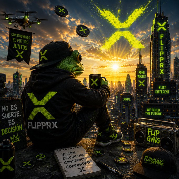 A digital artwork of a green frog character in FLIPPRX branded streetwear sitting on a rooftop overlooking a futuristic city at sunset, with a large XRP logo in the sky and Spanish text including "CONSTRUYENDO EL FUTURO JUNTOS".