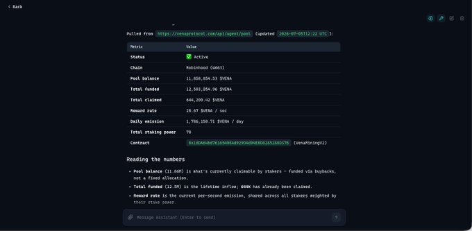 A dark-themed dashboard displaying cryptocurrency staking pool data pulled from cenaproTOCOL/api/agent/pool on 2026-07-05, showing 78 stakers on EcoMind (4683) chain with a pool balance of 11,658,554.53 $VENA and a reward rate of 20.07 $VENA/sec.