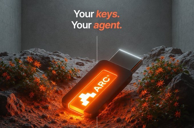 A promotional advertisement for a product called 'ARC' displayed as a glowing USB-like device on rocky terrain with orange flowers, featuring the tagline 'Your keys. Your agent.'