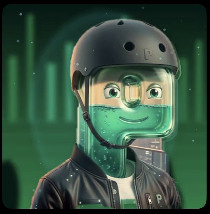 A digital illustration of a person wearing a black helmet with a 'P' logo, whose transparent helmet is filled halfway with green liquid, against a background of green financial bar charts.