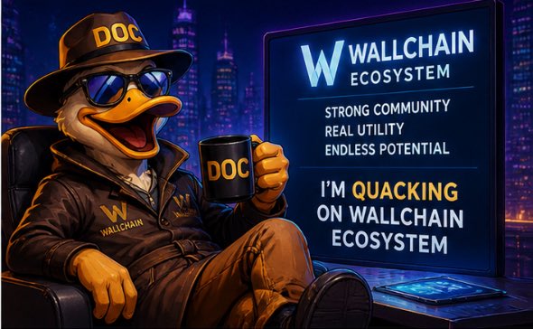 The image features a cartoon duck wearing sunglasses and holding a coffee cup while sitting in front of a computer monitor displaying a sign that says "Wallchain Ecosystem" with the words "I'm Quacking On Wallchain Ecosystem". The duck is dressed as a character from the video game Minecraft, which adds to its unique appearance. The image also includes text that reads "Keep Your Vision Alive Every Day: The Wallchain Quacks Mindset @wallchain In Web3, it is easy for vision to fade due to projects starting with strong ideas but over time, distractions, market pressure, and slow progress can weaken focus". This message encourages the viewer to maintain their focus on their goals and not be discouraged by setbacks or distractions.
